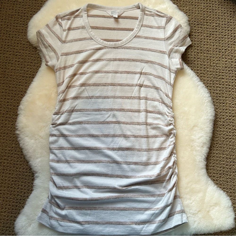 Striped White and Tan Maternity Top M
